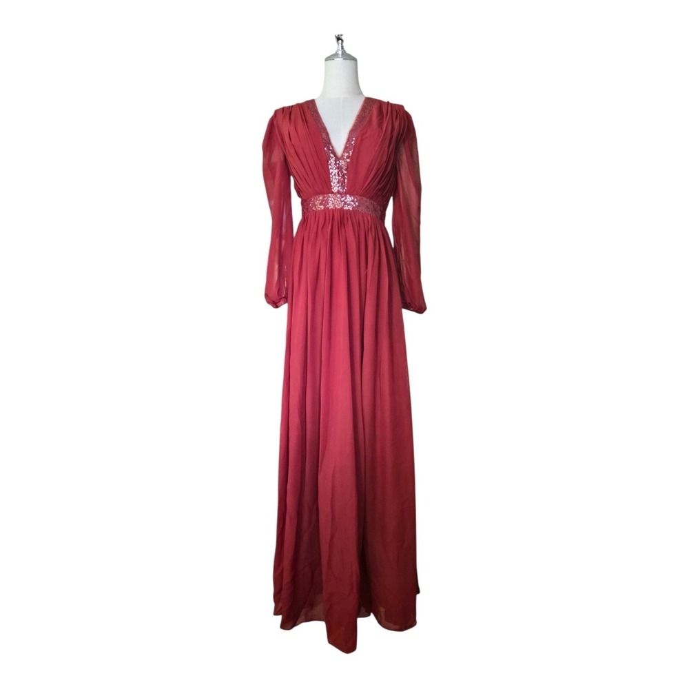 Dreamy Lily Rust Sequin Empire Waist Maxi Dress Long Sleeve Formal Gown Size‎ 4